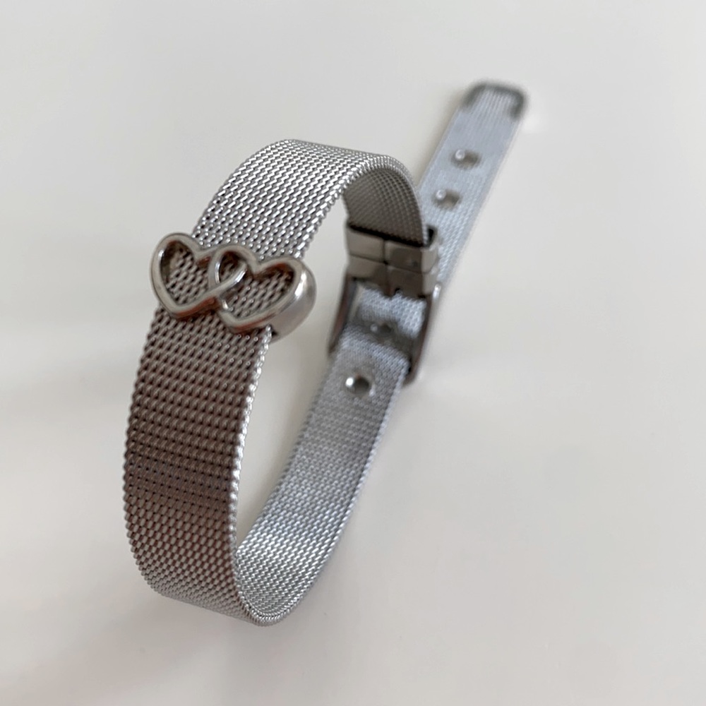 Mesh Buckle Bracelet and Double Heart charm in silver